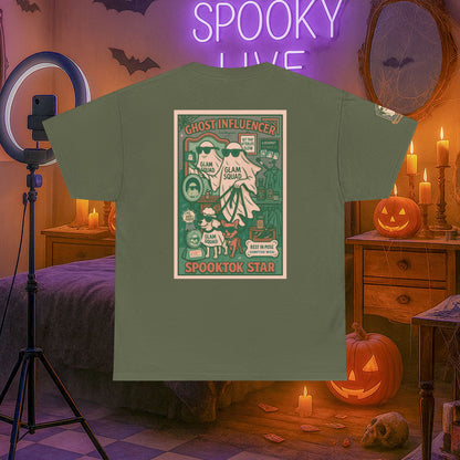 Ghost Influencer SpookTok Star Halloween T-Shirt with Arm Design | Funny Ghost Shirt for Halloween Costume & Party | Spooky Season Tee