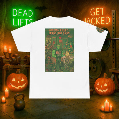 “You Don’t Need Brains Just Gains” Halloween Shirt – Frankenstein & Skeleton Gym Graphic Tee with Arm Design | Funny Spooky Season Costume T-Shirt