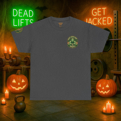“You Don’t Need Brains Just Gains” Halloween Shirt – Frankenstein & Skeleton Gym Graphic Tee with Arm Design | Funny Spooky Season Costume T-Shirt