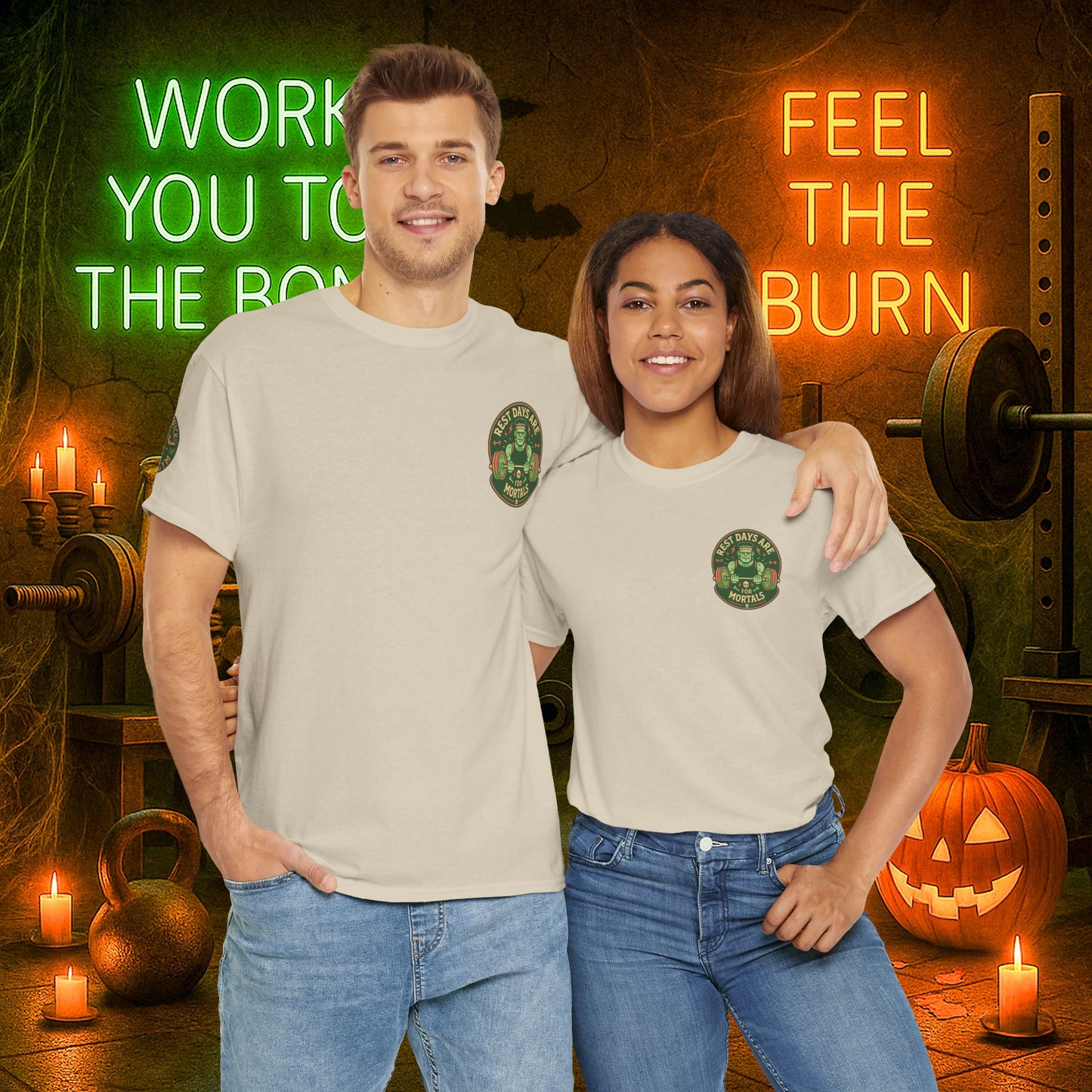 “You Don’t Need Brains Just Gains” Halloween Shirt – Frankenstein & Skeleton Gym Graphic Tee with Arm Design | Funny Spooky Season Costume T-Shirt