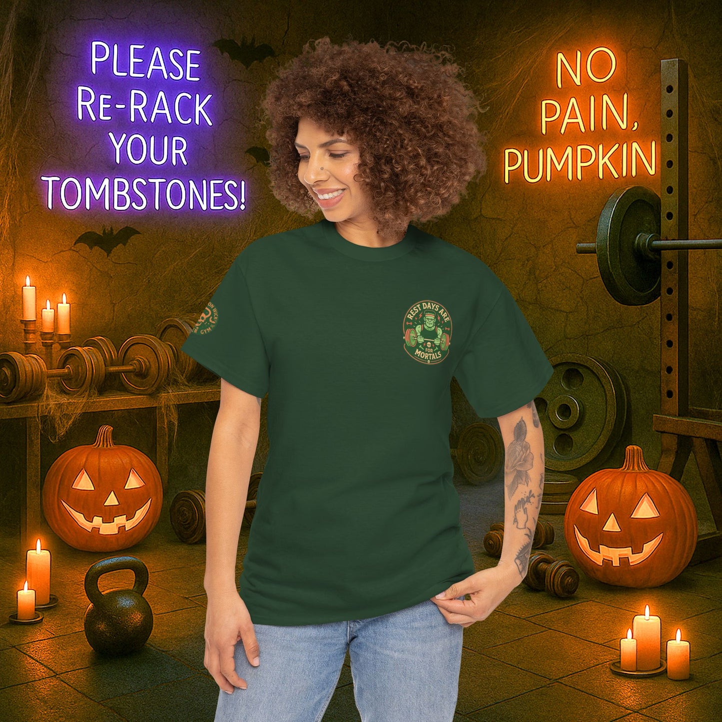 “You Don’t Need Brains Just Gains” Halloween Shirt – Frankenstein & Skeleton Gym Graphic Tee with Arm Design | Funny Spooky Season Costume T-Shirt