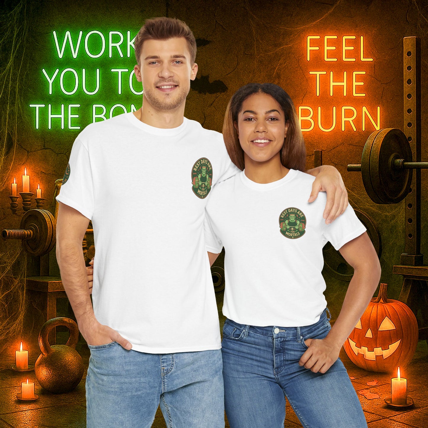 “You Don’t Need Brains Just Gains” Halloween Shirt – Frankenstein & Skeleton Gym Graphic Tee with Arm Design | Funny Spooky Season Costume T-Shirt