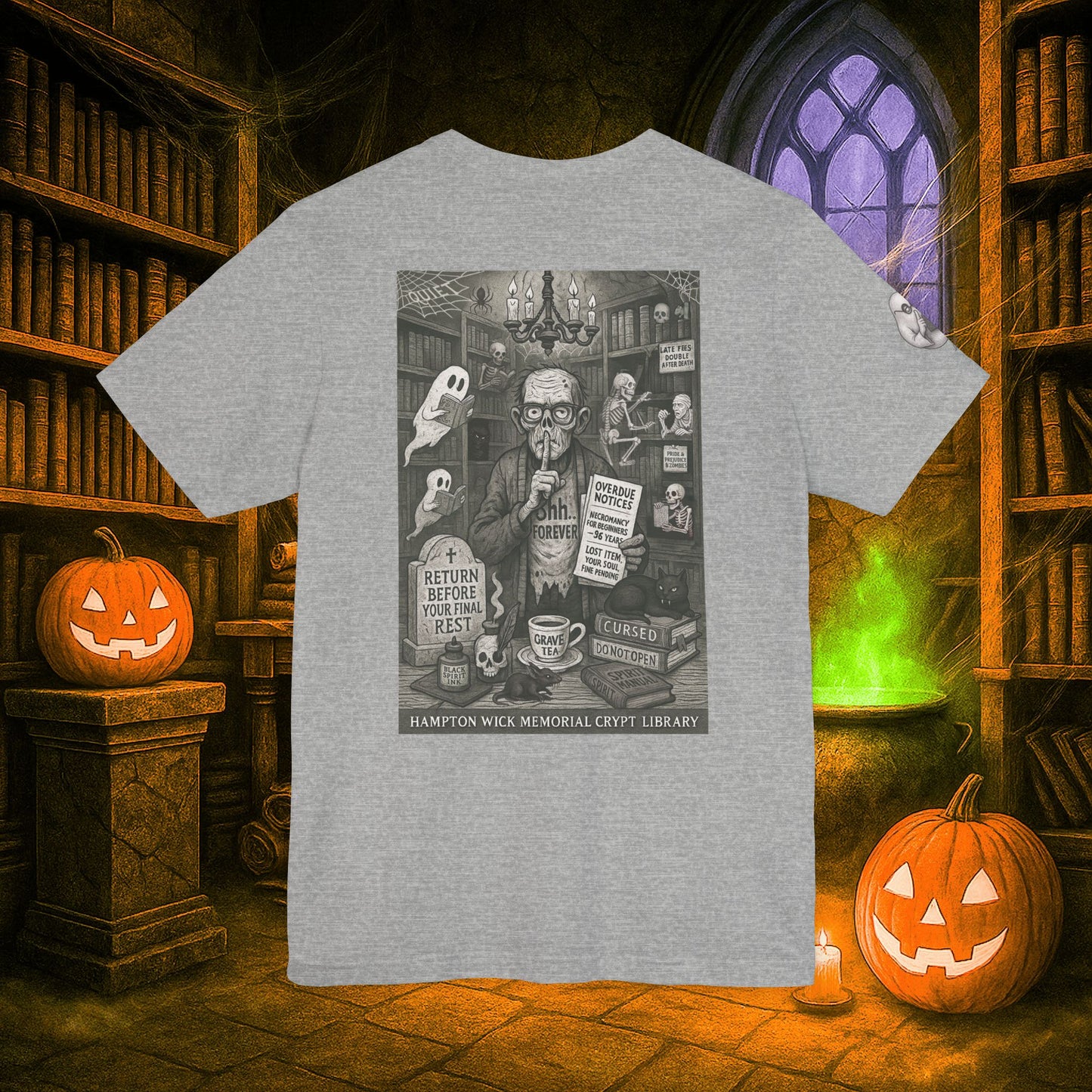 Halloween Shirt with Haunted Library Design & Arm Graphic – Spooky Season Costume Tee for Halloween Party, Men & Women