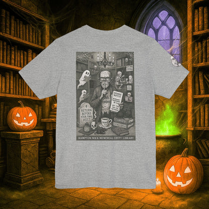 Halloween Shirt with Haunted Library Design & Arm Graphic – Spooky Season Costume Tee for Halloween Party, Men & Women