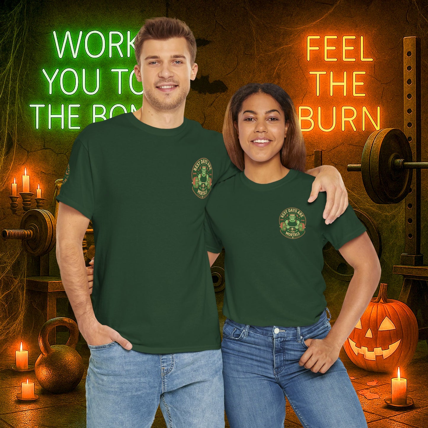 “You Don’t Need Brains Just Gains” Halloween Shirt – Frankenstein & Skeleton Gym Graphic Tee with Arm Design | Funny Spooky Season Costume T-Shirt