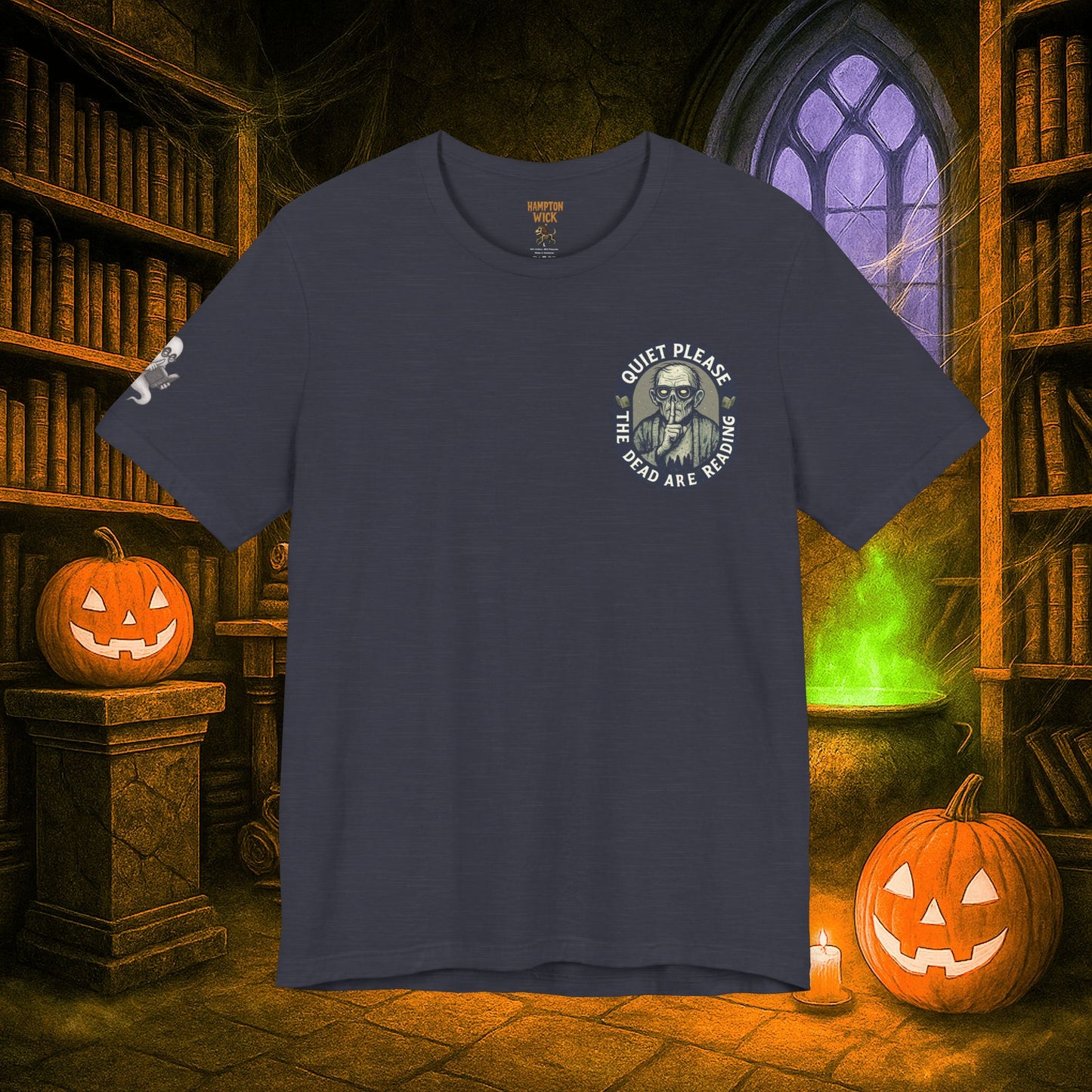 Halloween Shirt with Haunted Library Design & Arm Graphic – Spooky Season Costume Tee for Halloween Party, Men & Women