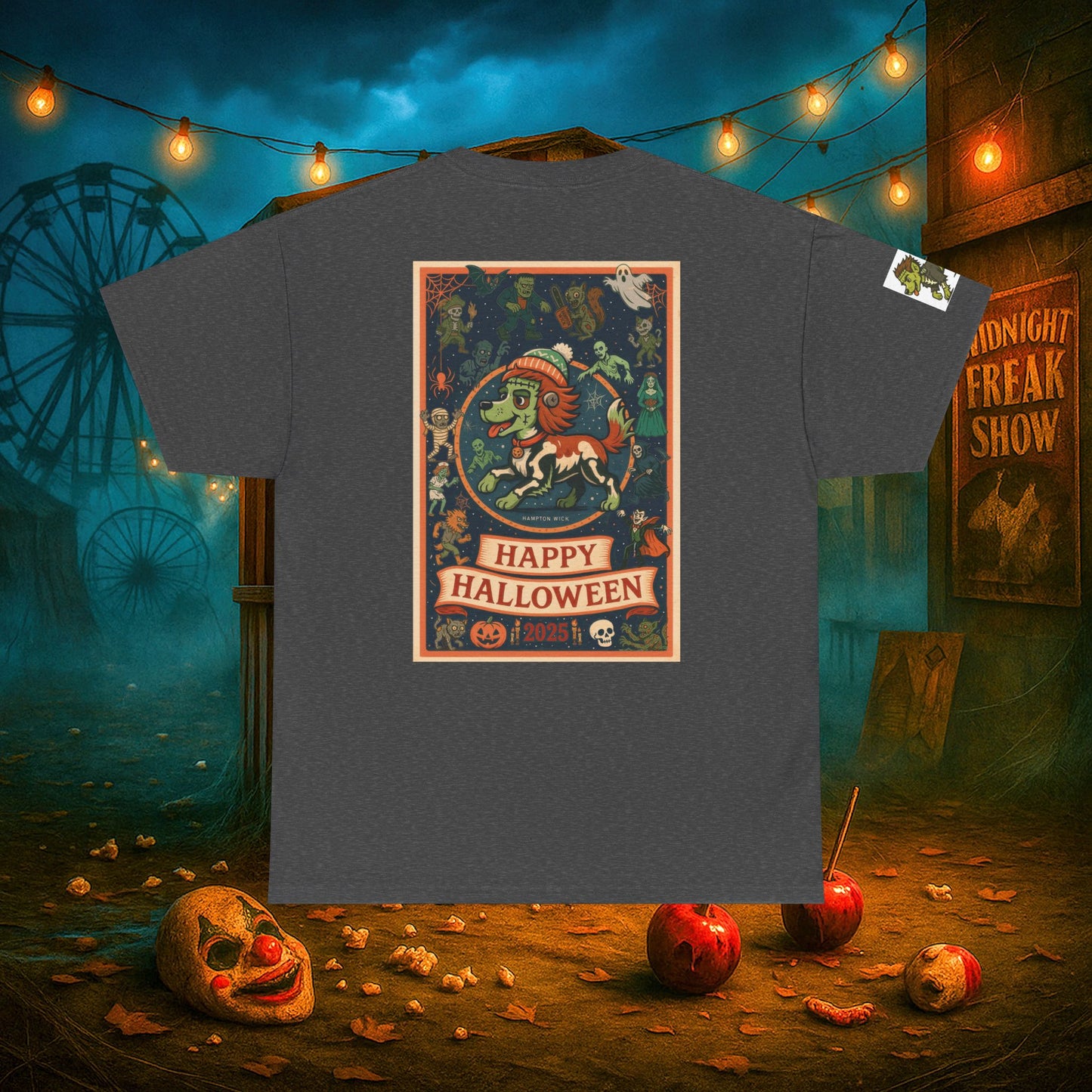 Happy Halloween 2025 T-Shirt – Vintage Horror Dog & Monster Design | Halloween Costume Party Shirt with Arm Design | Spooky Season Tee