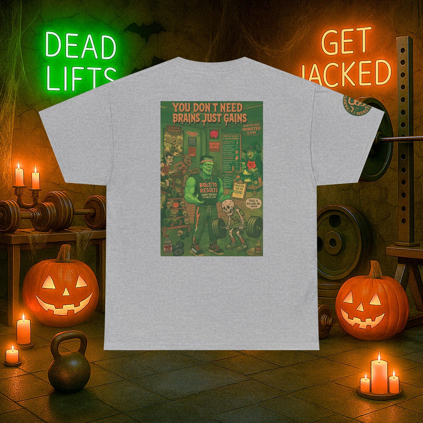 “You Don’t Need Brains Just Gains” Halloween Shirt – Frankenstein & Skeleton Gym Graphic Tee with Arm Design | Funny Spooky Season Costume T-Shirt