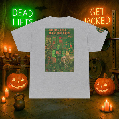 “You Don’t Need Brains Just Gains” Halloween Shirt – Frankenstein & Skeleton Gym Graphic Tee with Arm Design | Funny Spooky Season Costume T-Shirt