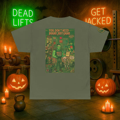 “You Don’t Need Brains Just Gains” Halloween Shirt – Frankenstein & Skeleton Gym Graphic Tee with Arm Design | Funny Spooky Season Costume T-Shirt