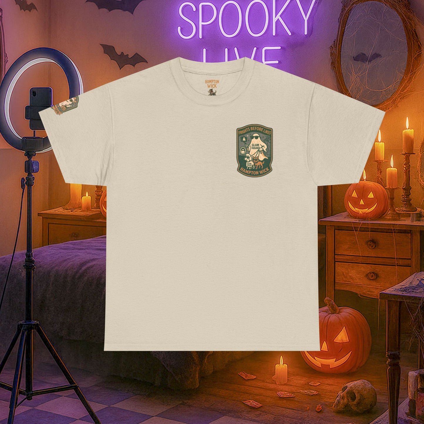 Ghost Influencer SpookTok Star Halloween T-Shirt with Arm Design | Funny Ghost Shirt for Halloween Costume & Party | Spooky Season Tee