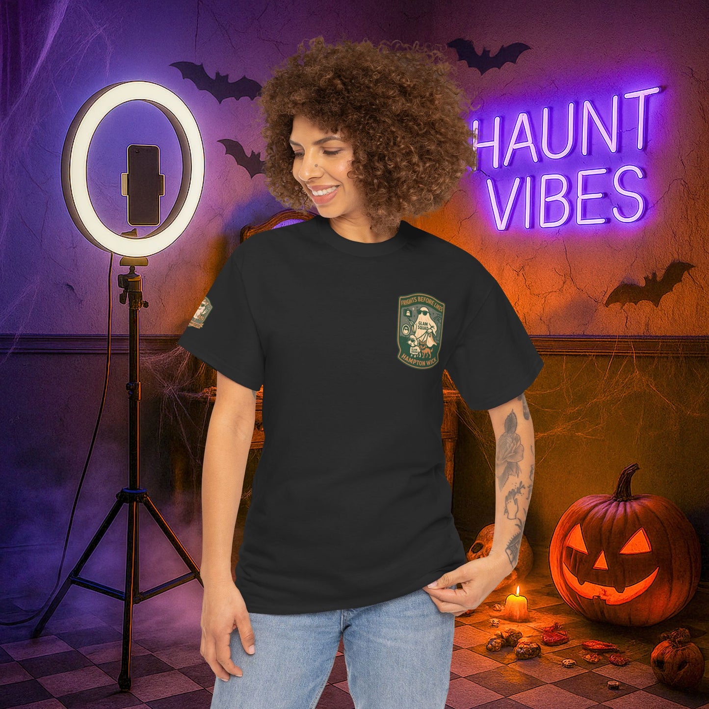 Ghost Influencer SpookTok Star Halloween T-Shirt with Arm Design | Funny Ghost Shirt for Halloween Costume & Party | Spooky Season Tee