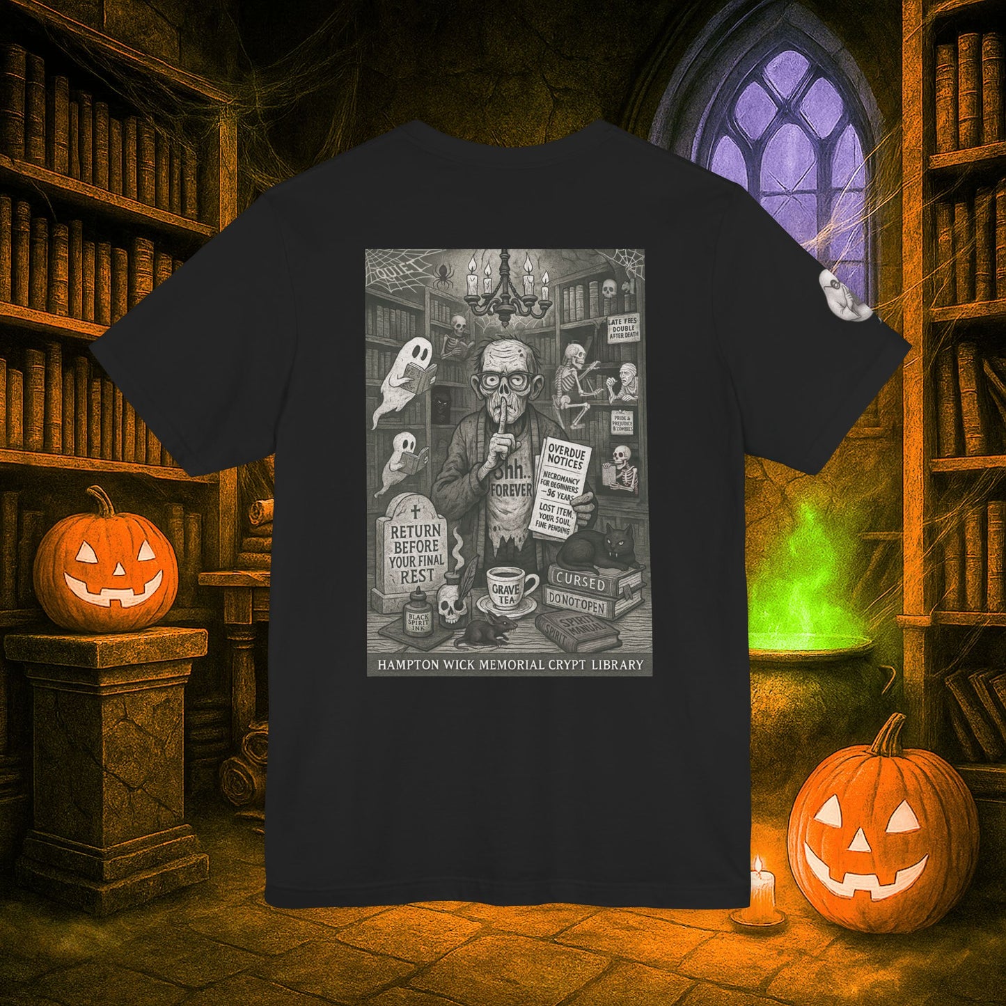 Halloween Shirt with Haunted Library Design & Arm Graphic – Spooky Season Costume Tee for Halloween Party, Men & Women