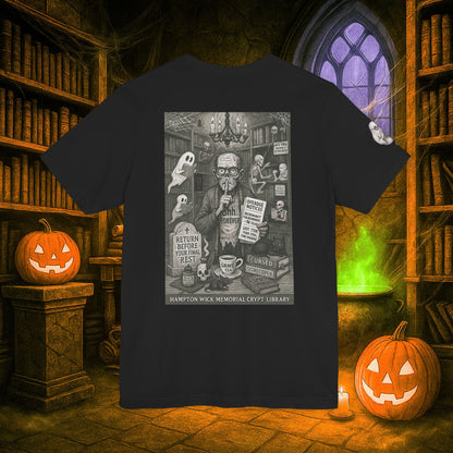 Halloween Shirt with Haunted Library Design & Arm Graphic – Spooky Season Costume Tee for Halloween Party, Men & Women
