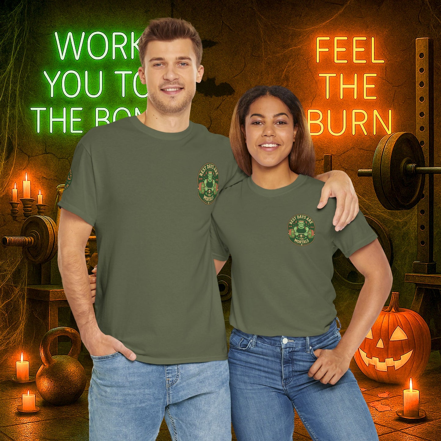 “You Don’t Need Brains Just Gains” Halloween Shirt – Frankenstein & Skeleton Gym Graphic Tee with Arm Design | Funny Spooky Season Costume T-Shirt