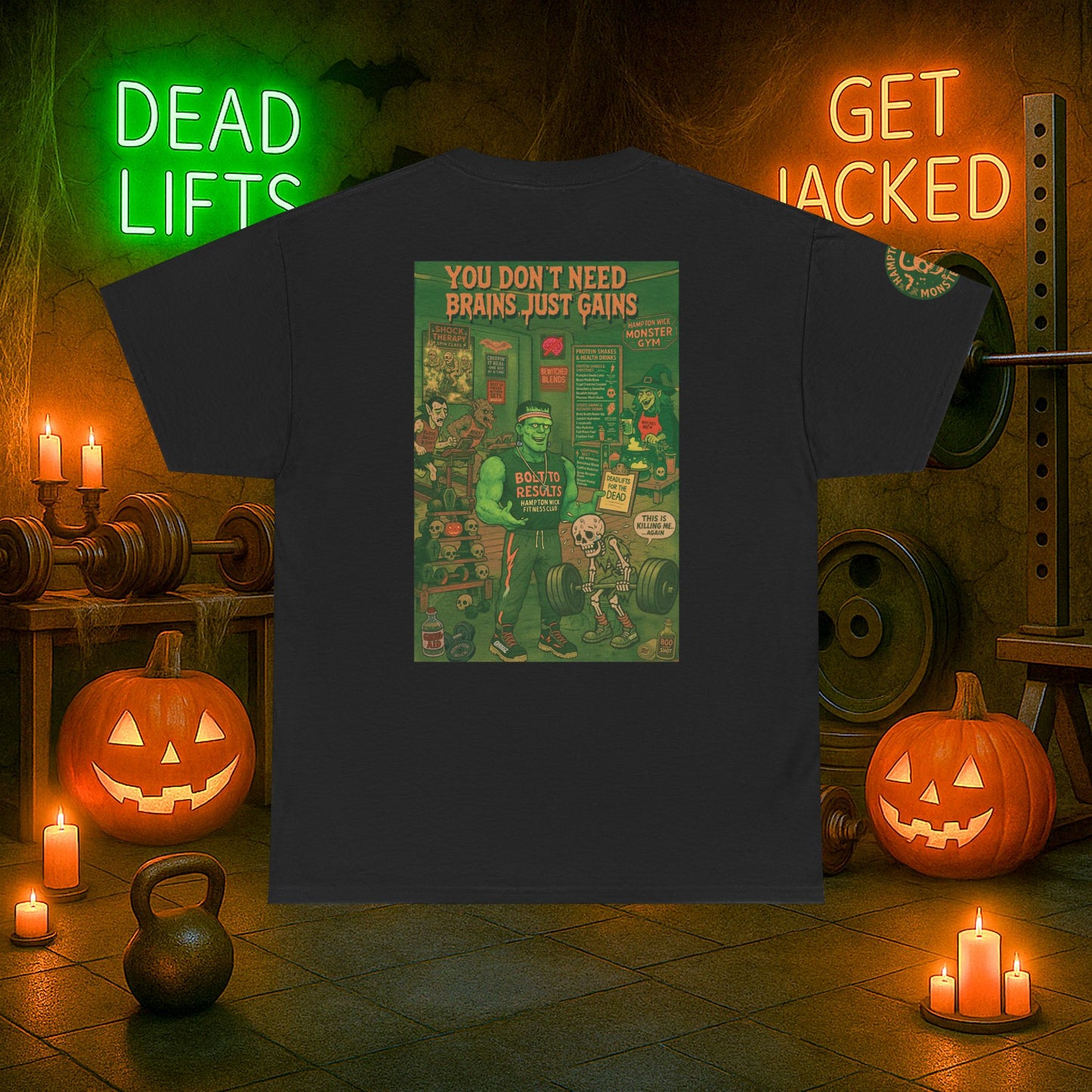 “You Don’t Need Brains Just Gains” Halloween Shirt – Frankenstein & Skeleton Gym Graphic Tee with Arm Design | Funny Spooky Season Costume T-Shirt