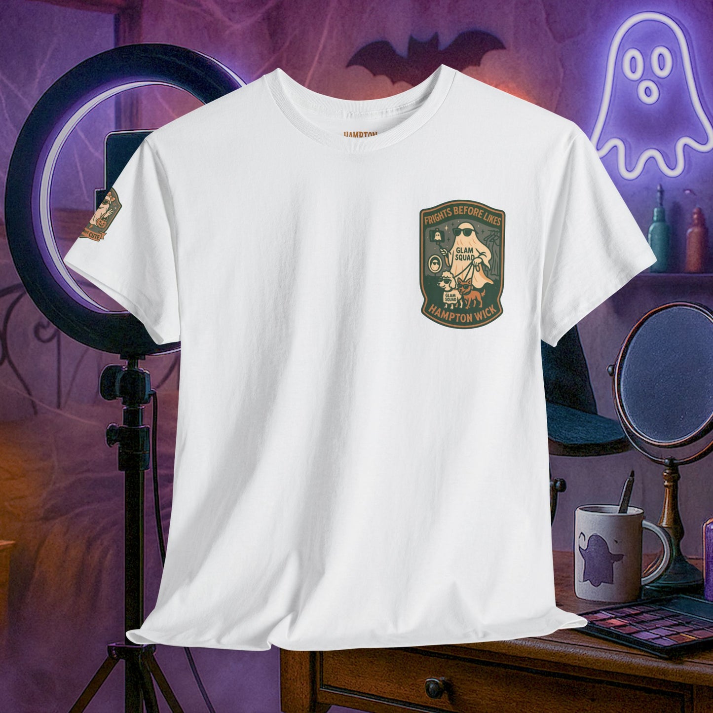 Ghost Influencer SpookTok Star Halloween T-Shirt with Arm Design | Funny Ghost Shirt for Halloween Costume & Party | Spooky Season Tee