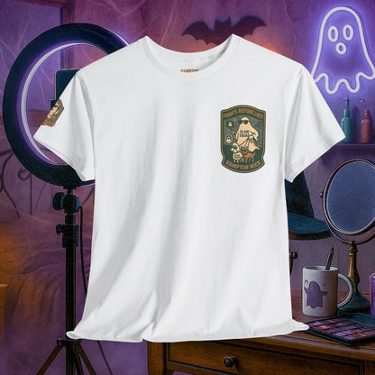Ghost Influencer SpookTok Star Halloween T-Shirt with Arm Design | Funny Ghost Shirt for Halloween Costume & Party | Spooky Season Tee