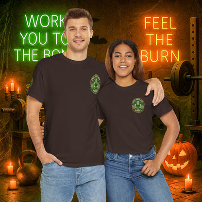 “You Don’t Need Brains Just Gains” Halloween Shirt – Frankenstein & Skeleton Gym Graphic Tee with Arm Design | Funny Spooky Season Costume T-Shirt