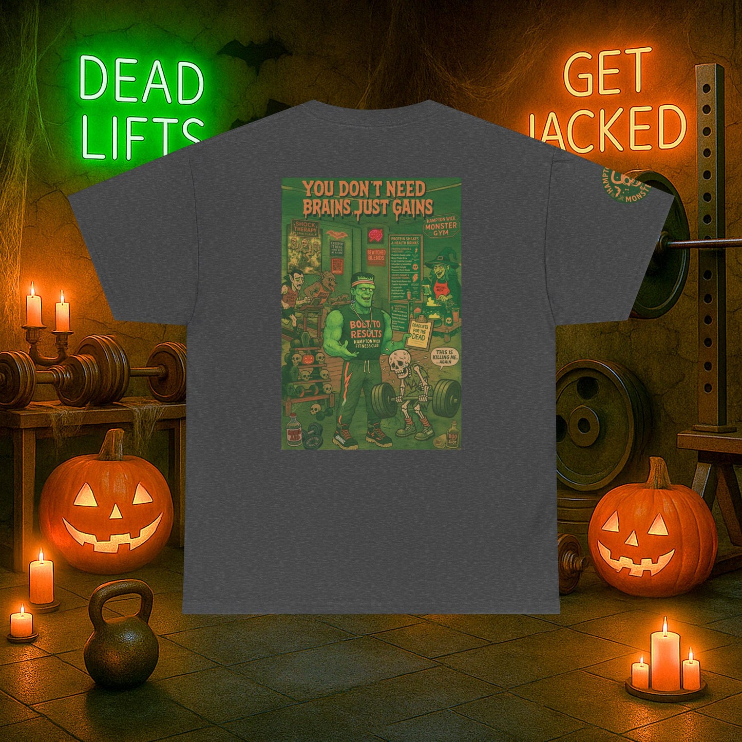 “You Don’t Need Brains Just Gains” Halloween Shirt – Frankenstein & Skeleton Gym Graphic Tee with Arm Design | Funny Spooky Season Costume T-Shirt