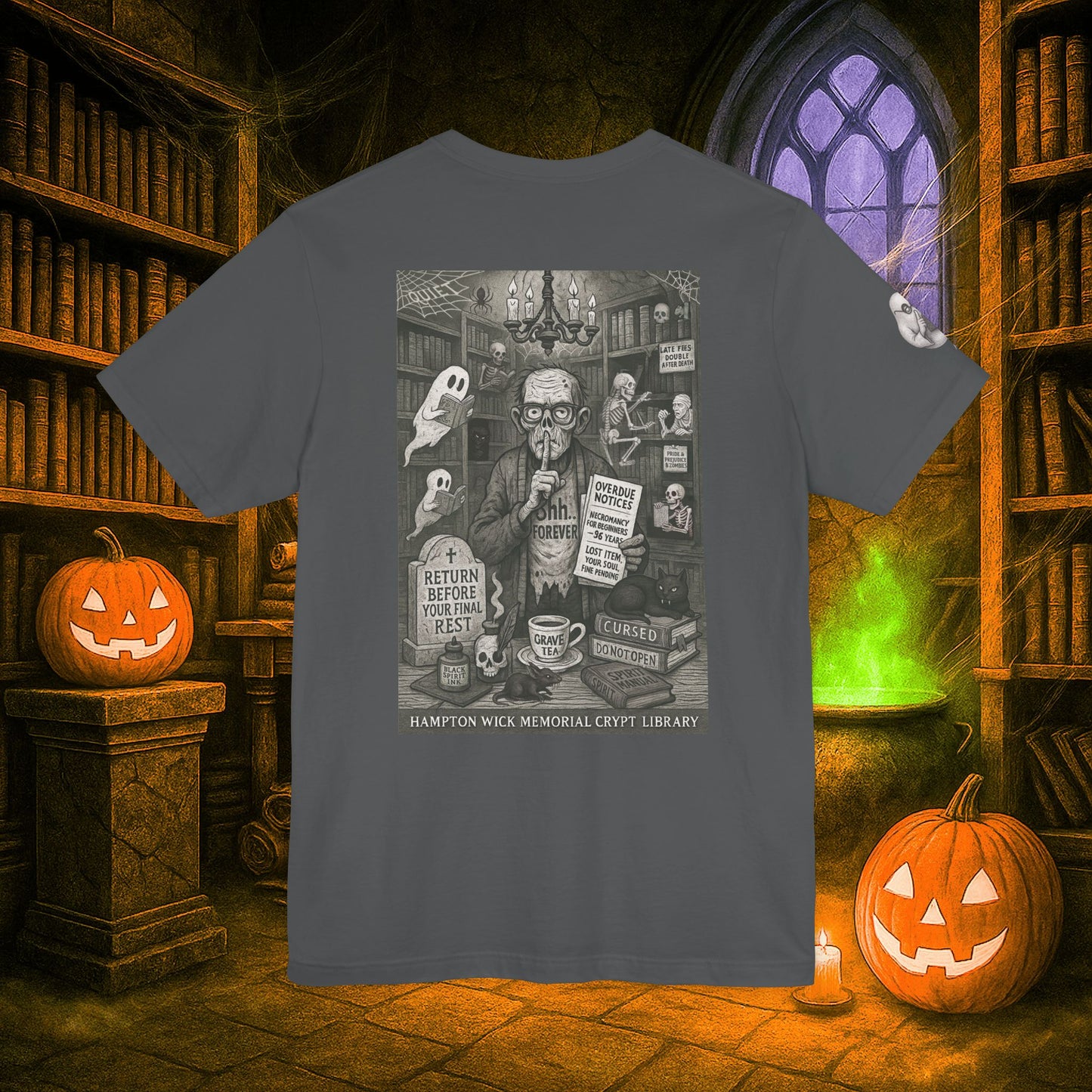 Halloween Shirt with Haunted Library Design & Arm Graphic – Spooky Season Costume Tee for Halloween Party, Men & Women