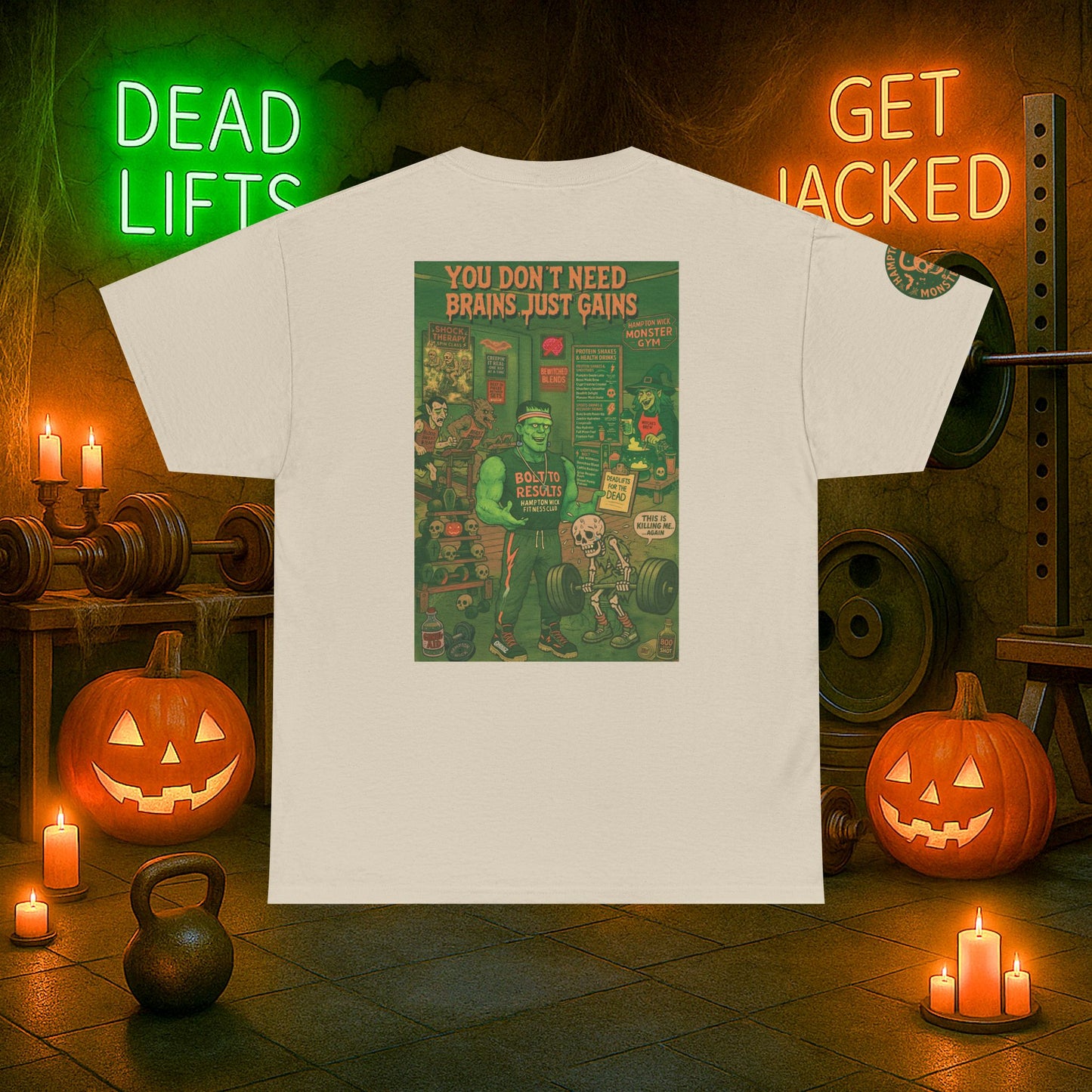 “You Don’t Need Brains Just Gains” Halloween Shirt – Frankenstein & Skeleton Gym Graphic Tee with Arm Design | Funny Spooky Season Costume T-Shirt