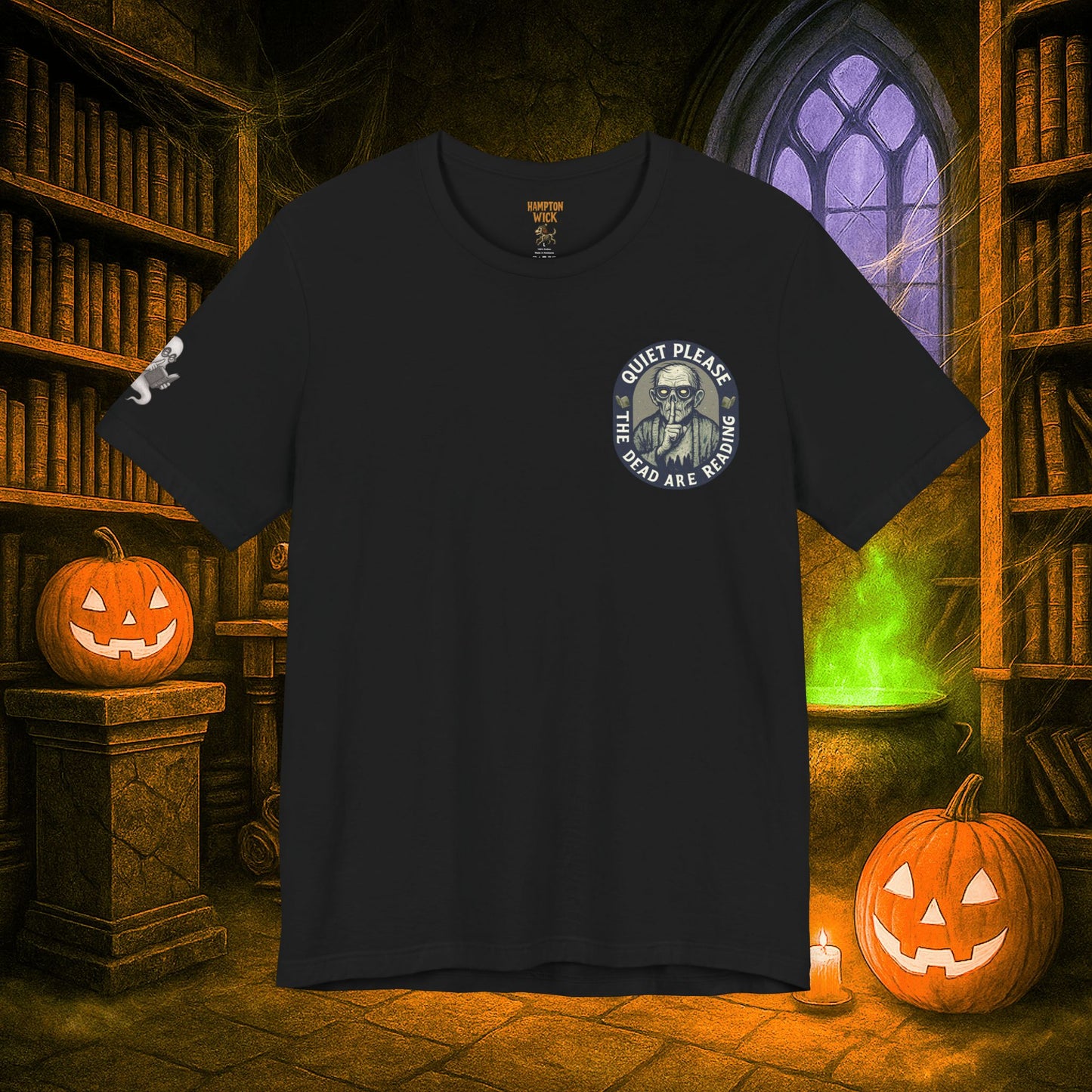 Halloween Shirt with Haunted Library Design & Arm Graphic – Spooky Season Costume Tee for Halloween Party, Men & Women