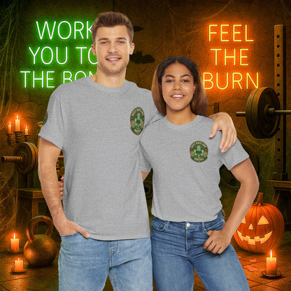 “You Don’t Need Brains Just Gains” Halloween Shirt – Frankenstein & Skeleton Gym Graphic Tee with Arm Design | Funny Spooky Season Costume T-Shirt